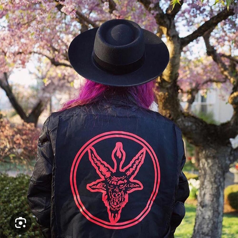 Long clothing baphomet devil puffer jacket coat black size s lke new Goth gothic